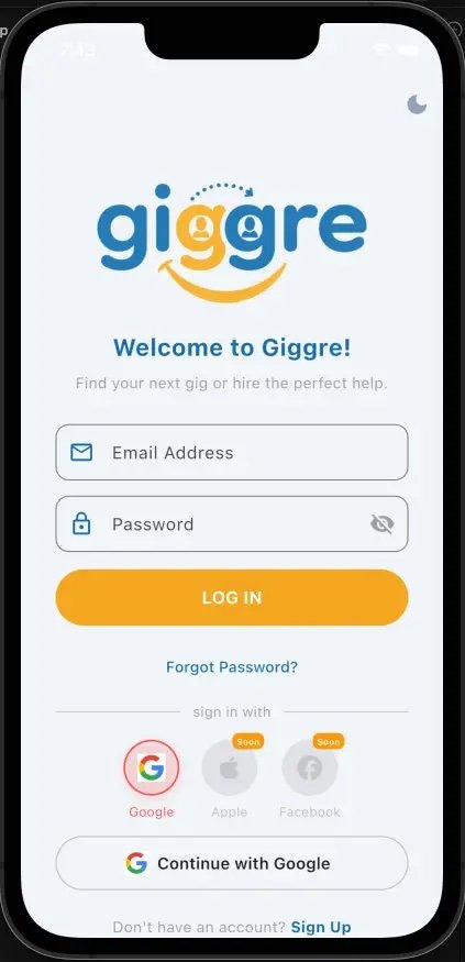 Giggre login screen